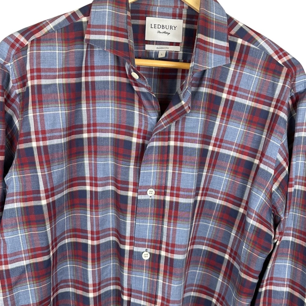 Ledbury Classic Fit Plaid Button Down Shirt Mens Large Blue Red 100% Cotton